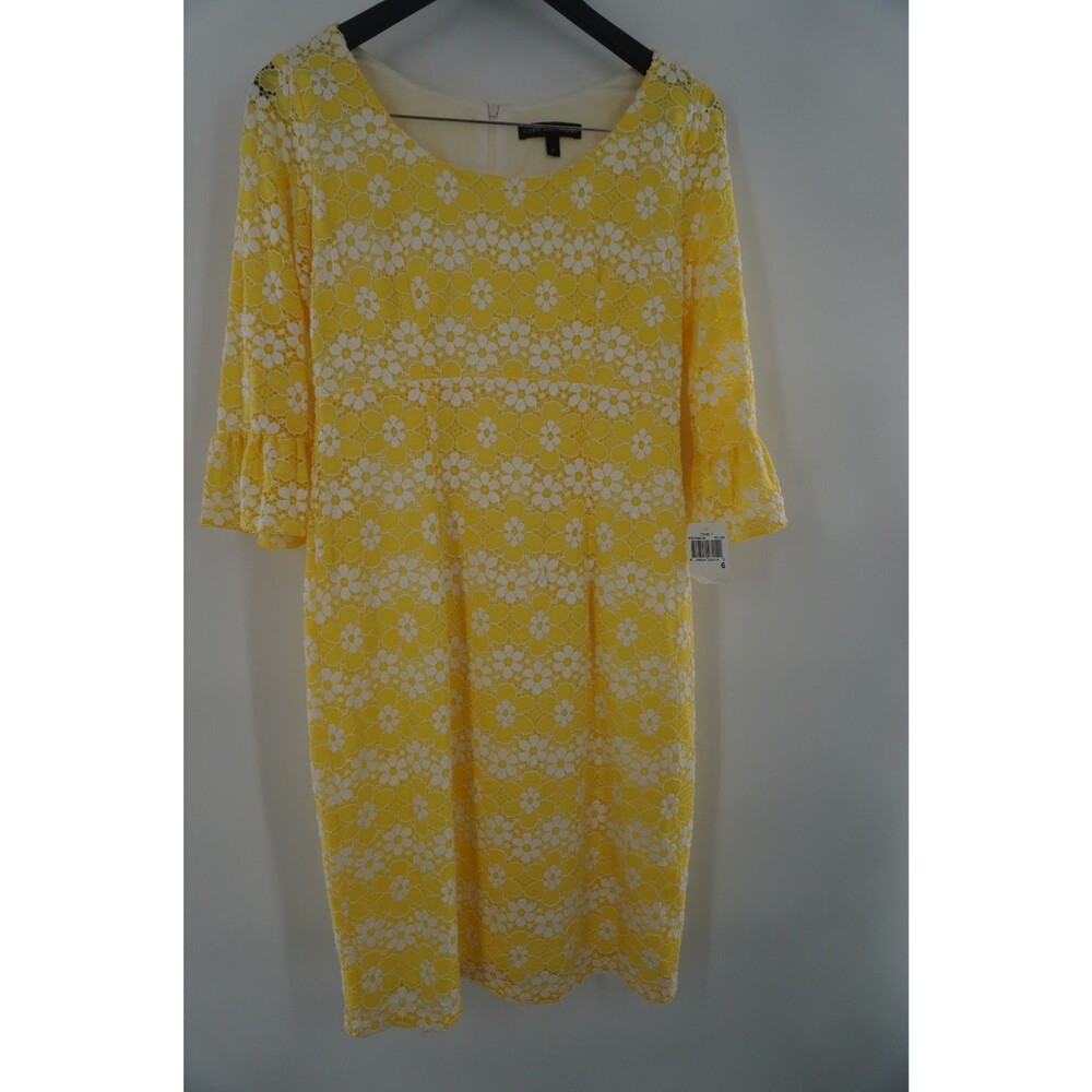 Chris McLaughlin Yellow Crochet Daisy Lace Dress Bell Sleeve Sheath Mod Shif Sz6